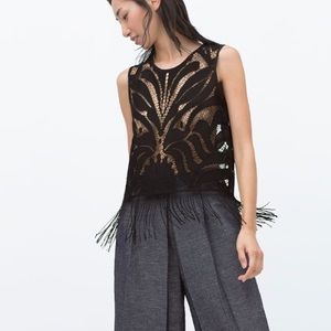 Zara laced open fringe black top